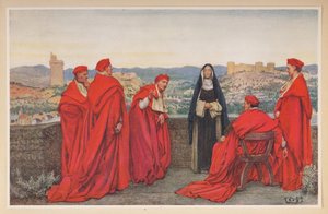 Sienai Szent Katalin a firenzeiek nevében tárgyal XI. Gergely pápával. alkotó: Eleanor Fortescue Brickdale