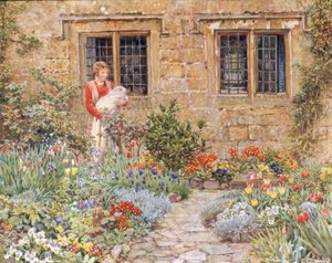 Anya és gyermeke egy virágos kertben alkotó: Eleanor Fortescue Brickdale