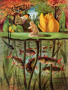 Tommelise nagyon elkeseredett a tavirózsa levelén, a "Thumbkinetta"-ban, Hans Christian Andersen meséiből, 1872.