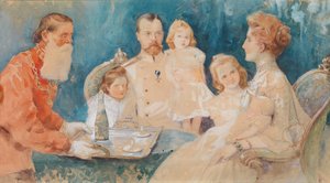 II. Miklós cár és Alexandra Fjodorovna lányaikkal, Olgával, Tatjánával, Máriával és Anasztáziával
