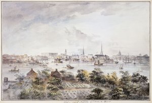 Stockholm látványa Kungsholmen felől a királyi palotával és a Storkyrkannal, Tyskakyrkannal, Katarinakyrkával és Riddarholmskyrkannal,