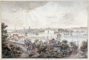 Stockholm kilátása Soderről a Királyi Palotával, Storkyrkannal, Riddarholmskykannal és Tskakykannal, alkotó: Elias Martin