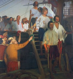 Juan Sebastian Elcano és legénysége, festmény alkotó: Elias Salaverria Inchaurrandieta