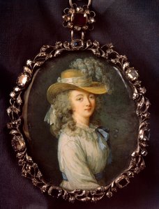 Jeanne Becu, Barry grófnő (vagy Madame) portréja (1743-1793) Nicolas Lawreince (Le Jeune) (1737-1807) miniatűr festménye elefántcsontról Elisabeth Louise Vigee-Le Brun (1755-1842) V. 0,16x0,12 m.