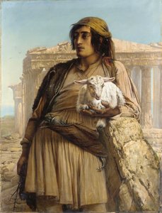 Egy pásztorfiú a Parthenon előtt áll