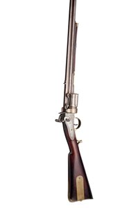 28 lyukú Collier szabadalmaztatott, ötlövetű, kézzel forgatható kovaköves forgópuska katonai típusú, 1819-20 körül (fa, acél és sárgaréz) alkotó: Elisha Haydon Collier