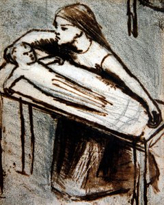 Térdelő lány babával (toll és tinta papíron)