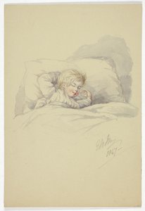 Alvó gyermek (recto) és halászok a kikötőben (fordítva) alkotó: Elizabeth Murray