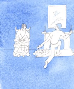 A férfi igazi szeretetet mutat, ha meglátogatja az anyját és segít neki, 2005 (akvarell, papír) alkotó: Elizabeth Wang