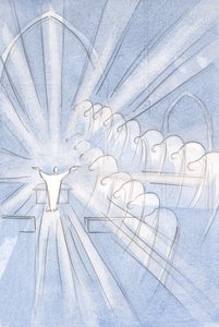 Angyalok és szentek mélyen meghajolnak, imádják Krisztus felajánlását: „Általa, Vele, Őbenne?”, 2001 (papíron) alkotó: Elizabeth Wang