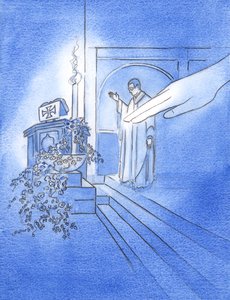 Miközben a pap kinyújtotta a kezét, hogy megáldja a vizet a kútban, húsvétkor az Atyaisten kinyújtotta a kezét, és megérintette a vizet, 2002 (papíron nem) alkotó: Elizabeth Wang