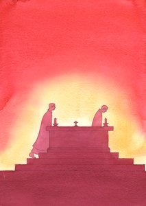 Az évek múlásával az egyik pap elhagyja az oltárt, a másik pedig a nyomdokaiba lép, hogy felajánlja a Szent Áldozatot, 2003 (papíron nélkül) alkotó: Elizabeth Wang