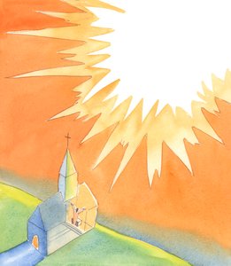 Amikor összegyűlünk a templomban a misére, biztosak lehetünk benne, hogy maga Krisztus is velünk lesz, aki méltó dicséretet mond az Atyának a szentélyünkből, az összes szentek és angyalok jelenlétében, 2005 (akvarell, papír). alkotó: Elizabeth Wang