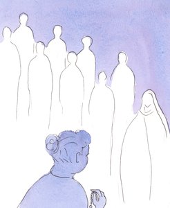 Miközben a rózsafüzért imádkozzuk, a szentek csatlakoznak az „Üdvözlégy Mária” első feléhez, és velünk együtt imádkozzák, hogy tiszteljük a Szűzanyát és dicsőítsük fiát, Jézust., 2004 (papíron nem) alkotó: Elizabeth Wang