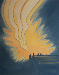 A szentáldozáskor nagy láng, mint egy nyíl, leszáll ránk, amikor Krisztus a Lélek erejével találkozik velünk, 2001 (olaj a fedélzeten) alkotó: Elizabeth Wang