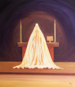 A felszentelésen Jézus jelen van, szeret minket, bár fátyol van előlünk., 2001 (olaj a fedélzeten) alkotó: Elizabeth Wang