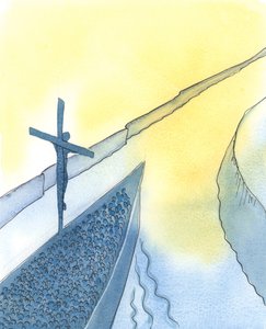 Krisztus Áldozatának erejével a szentmise alatt Krisztus áthatol a mennyen, és mindannyiunkat közelebb visz az Atyához – éppúgy, mint amikor egy nagy hajó belép a torkolatba, hogy hazahozza értékes rakományát. alkotó: Elizabeth Wang