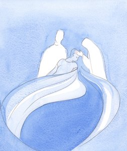 Krisztus és a Szűzanya olyanok, mint a mennyei kísérők, és segítenek nekünk, miközben valami csodálatos születik a lelki zűrzavarból és a kitartásból, 2002 (papíron nélkül) alkotó: Elizabeth Wang