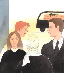 Krisztus örül, amikor gyászoló emberekhez lépünk, hogy vigaszt nyújtsunk, vagy hogy kedvesen érdeklődjünk - még akkor is, ha ezek az emberek idegenek, 2005 (akvarell, papír). alkotó: Elizabeth Wang