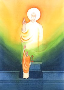 Krisztus beszél és cselekszik papjain keresztül, akik áldják és megbocsátanak „in persona Christi capitis”, „Krisztus, a Fej személyében”, 2002 (papíron) alkotó: Elizabeth Wang