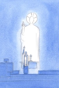Krisztus beszél és cselekszik papjain keresztül, akik áldják és megbocsátanak „in persona Christi capitis”, „Krisztus, a Fej személyében”, 2002 (papíron) alkotó: Elizabeth Wang