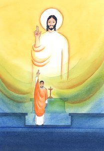 Krisztus beszél és cselekszik papjain keresztül, akik áldják és megbocsátanak „in persona Christi capitis”, „Krisztus, a Fej személyében”, 2002 (papíron) alkotó: Elizabeth Wang
