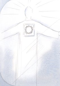 Krisztus főpap fenségesen jelenik meg, köntösén a Töviskorona képe látható, 2001 (papíron) alkotó: Elizabeth Wang