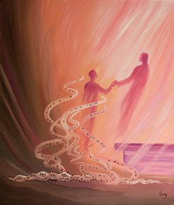 A szentáldozásban apró bűneink hamuként hullanak le, ahogy Krisztus felemel minket, hogy megosszuk az Ő örömét, 2000 (olaj a fedélzeten) alkotó: Elizabeth Wang