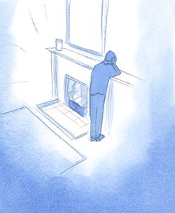Istenben találhatunk szerető otthonra vagy tűzhelyre, fénnyel és melegséggel. „Kívül” rajta csak a fájdalom és a sötétség, 2002 (w/c papíron) alkotó: Elizabeth Wang