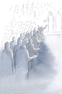 A keresztre feszített Jézus a Mennyország kapujában vár anyjával, Máriával és a szent angyalokkal, 2000 (papíron nem) alkotó: Elizabeth Wang