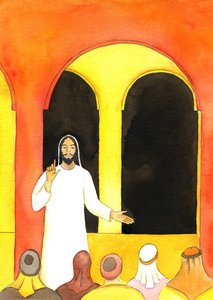Jézus a Templomban prédikált, igazat mondott, és feldühített néhány embert, akik aztán összeesküdtek, hogy ártsanak neki, 2001 (papíron nem) alkotó: Elizabeth Wang