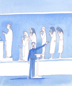Sok mai katolikus, aki nem hisz az egyház minden tanításában, karikatúrát fest az utolsó zsinat előtti korszakról, 2005 (akvarell, papír). alkotó: Elizabeth Wang