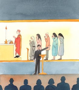 Sok mai katolikus, aki nem hisz az egyház minden tanításában, karikatúrát fest az utolsó zsinat előtti korszakról, 2005 (akvarell, papír). alkotó: Elizabeth Wang