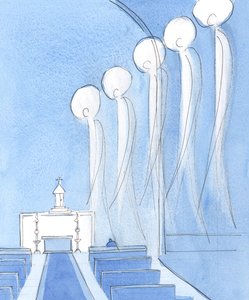 Szent Mihály és az összes angyal ünnepén „láttam” az angyalokat, amint a templomban várakoztak a szentmise kezdete előtt, imádva Krisztust, aki valóban jelen volt a tabernákulumban, 2004 (papíron nem) alkotó: Elizabeth Wang