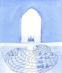 Aki egyesíti imáját Krisztus imájával az oltárnál, mindenkit magával von (mintha hálóban) a szívében, Isten felé, 2002 (papíron) alkotó: Elizabeth Wang