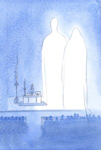 Boldogasszony velünk van húsvéti ünnepségünkön. Az egész mennyországgal együtt hallgatja az isteni fiának, 2001-nek adott dicséretet (papíron nem) alkotó: Elizabeth Wang
