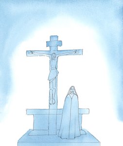 Fájdalmas Szűzanya: Boldogasszonyunk szörnyen szenvedett, amikor Jézus Krisztus, az ő szeretett fia kínok között halt meg a kereszten, 2005 (akvarell, papír). alkotó: Elizabeth Wang