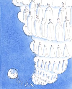 Aztán az Úr elvitte a lelkemet, mintha a mennyei magasságokba vitte volna, hogy megmutassa nekem, hogy egy ilyen perspektívából nézve a Föld nagyon kicsi, és a földi élet nagyon rövid, 2005 (akvarell, papír). alkotó: Elizabeth Wang