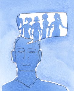Állandóan pornográf fantáziákon élni olyan, mintha idegen földön élnénk, az önimádat csapdájába esve, elkerülve a mindennapi élet örömeit és kötelességeit, és "elkerülve" a közösséget a mindent szerető Istennel., 2004 (akvarell, papír). alkotó: Elizabeth Wang