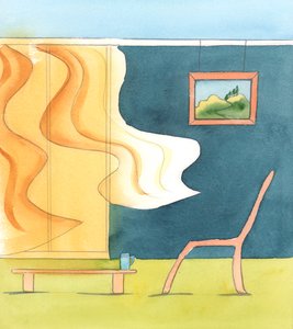 Két ember nézheti ugyanazt a jelenetet, és az egyik rémületet érez - tudván, hogy egy gyilkos ólálkodik körülötte, míg a másik csak a függönyben fújó szellőt látja - ahogy a nap süt lefelé, 2005 (akvarell, papír). alkotó: Elizabeth Wang