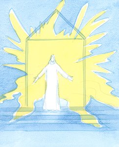 Krisztussal találkozhatunk a tabernákulumban. Mintha a Mennyország fénye ragyogna mögötte, amikor meghallgat minket, és ránk árasztja kegyelmét., 2003 (papíron nem) alkotó: Elizabeth Wang