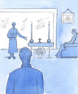 Amikor Krisztus „meglátogatja a betegeket” az Oltáriszentségen keresztül, amelyet egy pap vagy egy rendkívüli úrvacsora szolgája visz egy beteg embernek, 2004 (papíron nélkül) alkotó: Elizabeth Wang