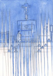 Amikor a hűséges emberek a Szent Rózsafüzért imádkozzák, szent angyalok veszik körül őket, és áhítatos csendben virrasztanak, 2002 (papíron nélkül) alkotó: Elizabeth Wang