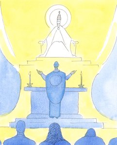 Amikor a pap és az emberek ugyanabba az irányba néznek a szentmisén, mindannyian együtt néznek az Atyára, hogy Krisztuson keresztül dicsőítsék őt., 2004 (papírral együtt) alkotó: Elizabeth Wang