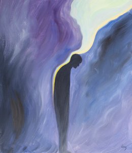 Amikor arra kérjük a Szűzanyát, hogy imádkozzon a Purgatórium lelkeiért, meg is teszi, és Isten tisztító kegyelme nyugtató balzsamként árad rájuk, 2001 (olaj a fedélzeten) alkotó: Elizabeth Wang