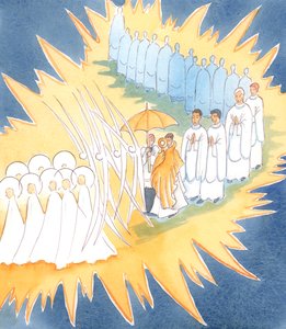 Valahányszor tiszteljük Jézus jelenlétét az Oltáriszentségben, az angyalok és a szentek csatlakoznak hozzánk az istentiszteleten, 2004 (papíron) alkotó: Elizabeth Wang