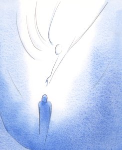 A Szűzanya köpenyében az örömteli lelket Krisztus táplálja, Lelke megvilágítja, és arra ösztönzi, hogy felfelé tekintsen az Atya felé, 2002 (papíron) alkotó: Elizabeth Wang