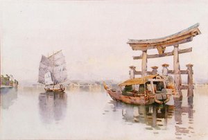 Torii kapu az Itsukushima szentély bejáratánál, Miyajima, Japán (akvarell papíron)