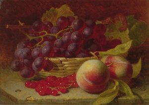 Piros ribizli, őszibarack és szőlő csendélet kosárban (olaj)