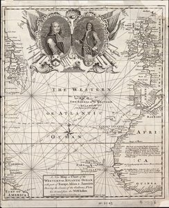 A nyugati vagy atlanti óceán új térképe vagy térképe Európa, Afrika és Amerika egy részével: a gályák útvonalát mutatja a Nyugat-Indiába és vissza.